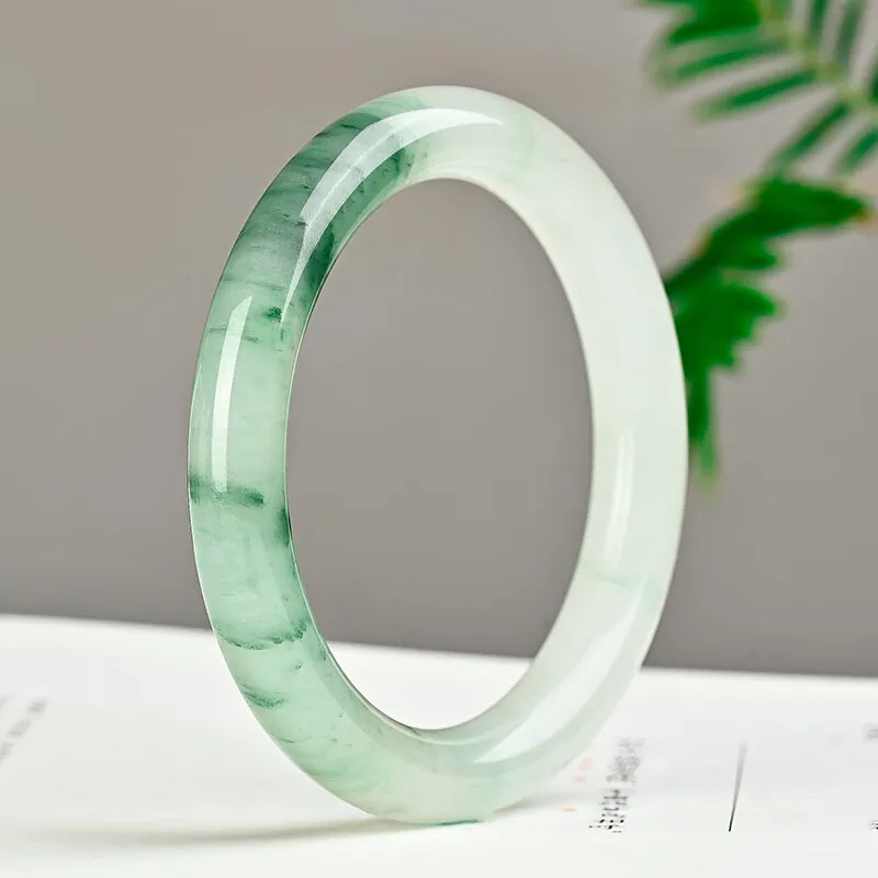 

Tianshan green and ice green real gold silk jade round bar bracelet, Wangfu flat bar is versatile