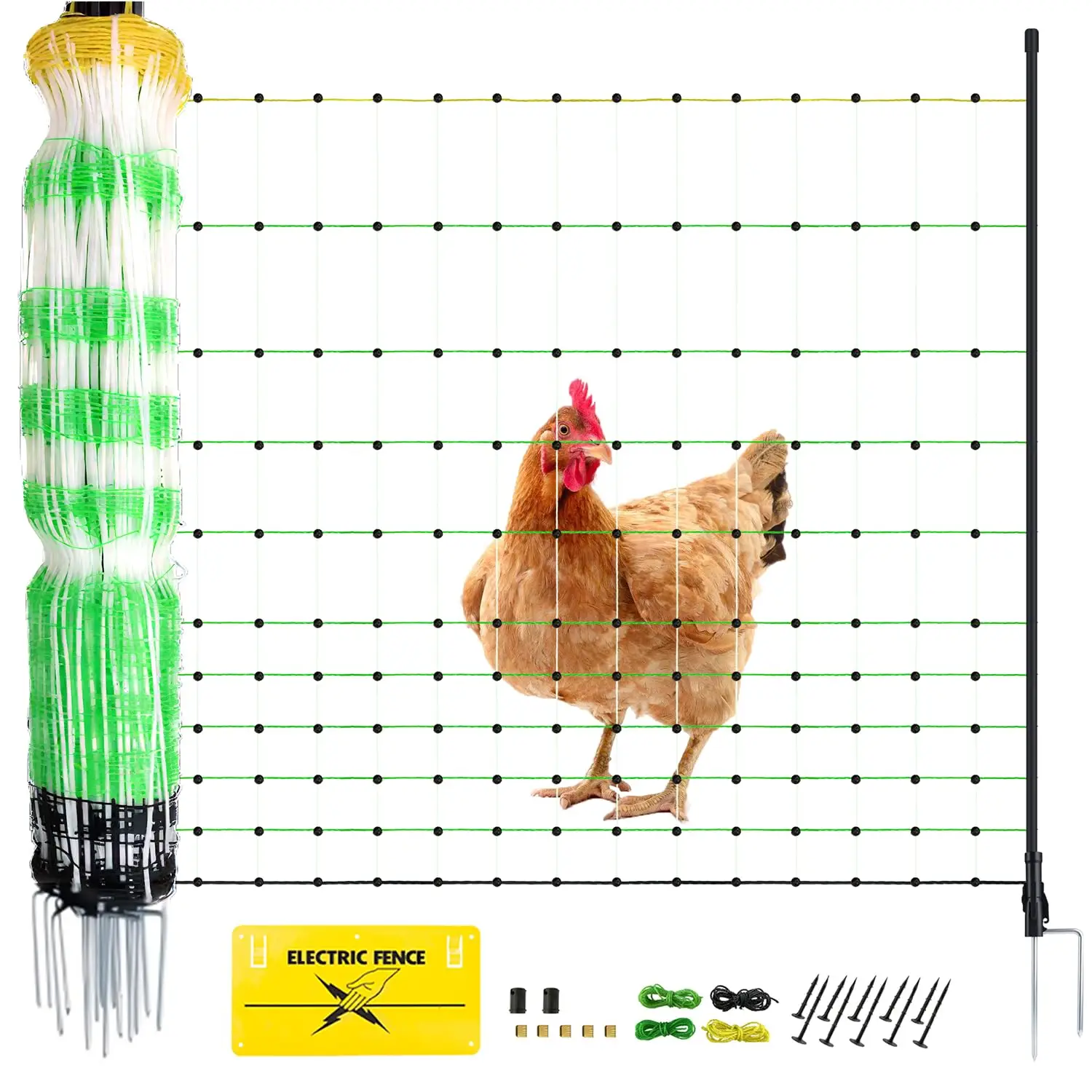 

Semi-Rigid Electric Poultry Fence Netting, 35" H x 164' L with 14 Posts for Yard Livestock Protection