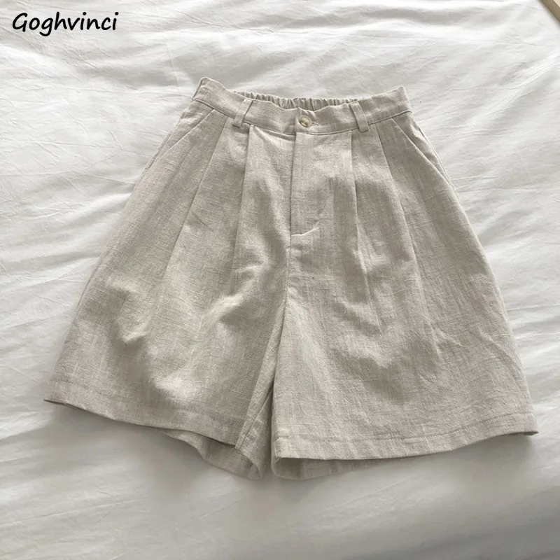 Retro Solid Shorts Women Summer Cotton Linen Folds Design High Elastic Waist Pockets Single Button Wide Leg Loose Slim All-match