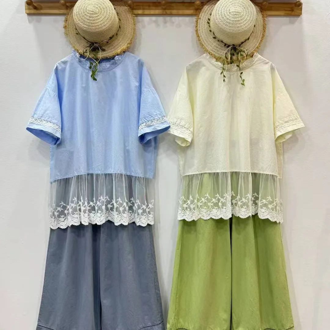 

Women Summer Sweet Mori Girl Lace Mesh Embroidery Patchwork T-Shirts Ins O-Neck Short Sleeve Casual Loose Cotton T Shirts