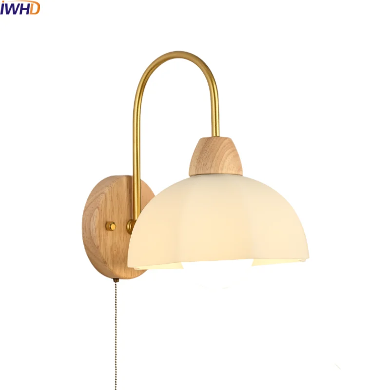 IWHD Glass Wood LED applique da parete illuminazione decorativa per camera da letto soggiorno Coffee Pull Chain Switch Modern comodino Lamp Mirror