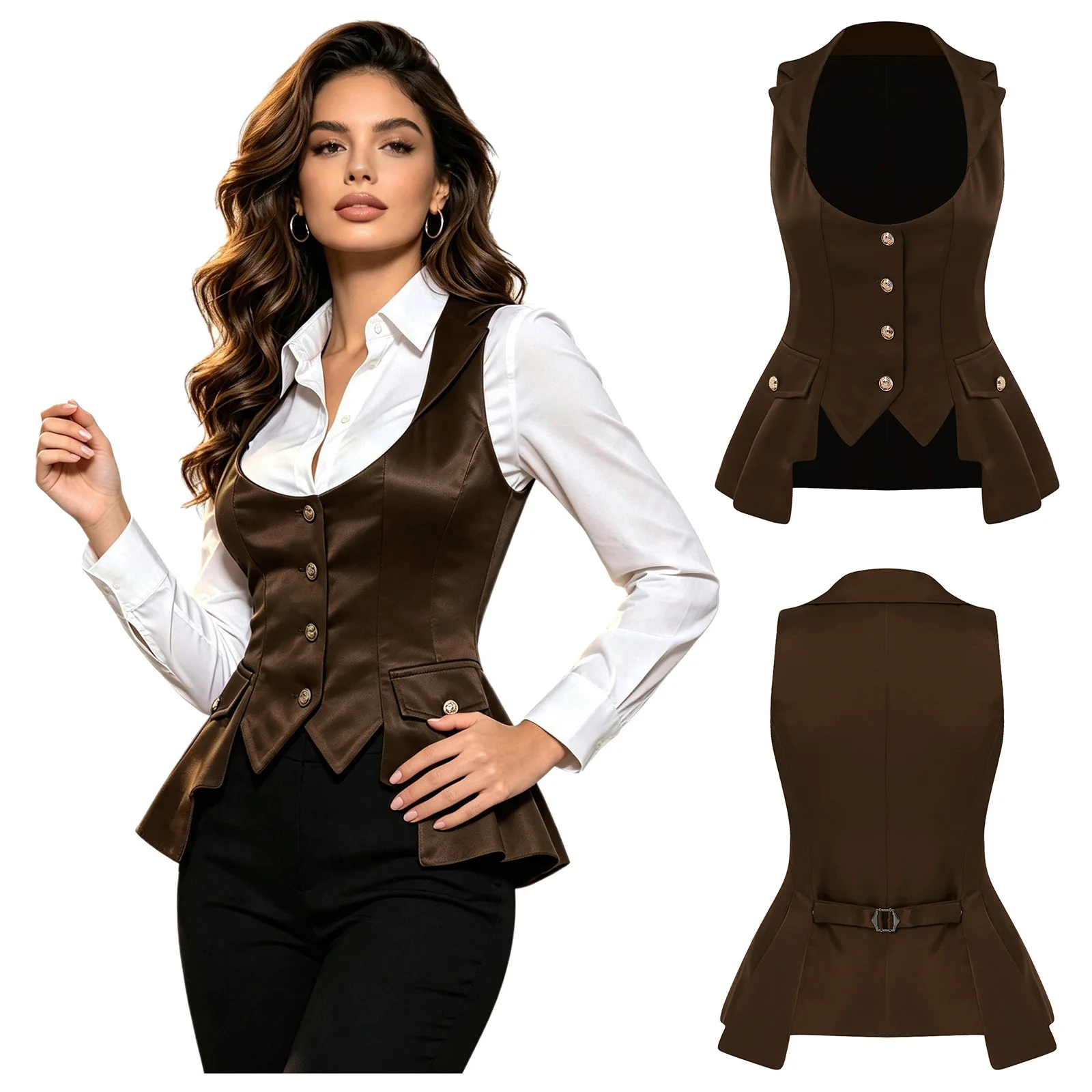 Women Victorian Satin Waistcoat Festival Halloween Party Lapel Collar Sleeveless Buttons Ruffled Vest Renaissance Dress-up Top