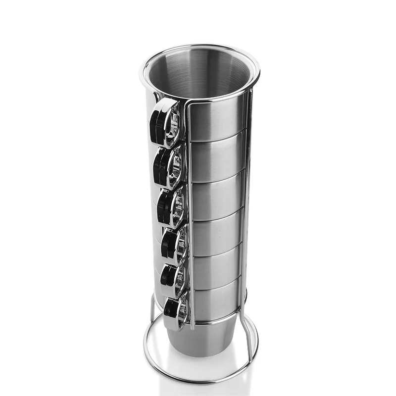 Double Layer Stainless Steel Coffee Cups, Folding with Rack Set, Kitchen Coffeeware, 6 PCs/Set