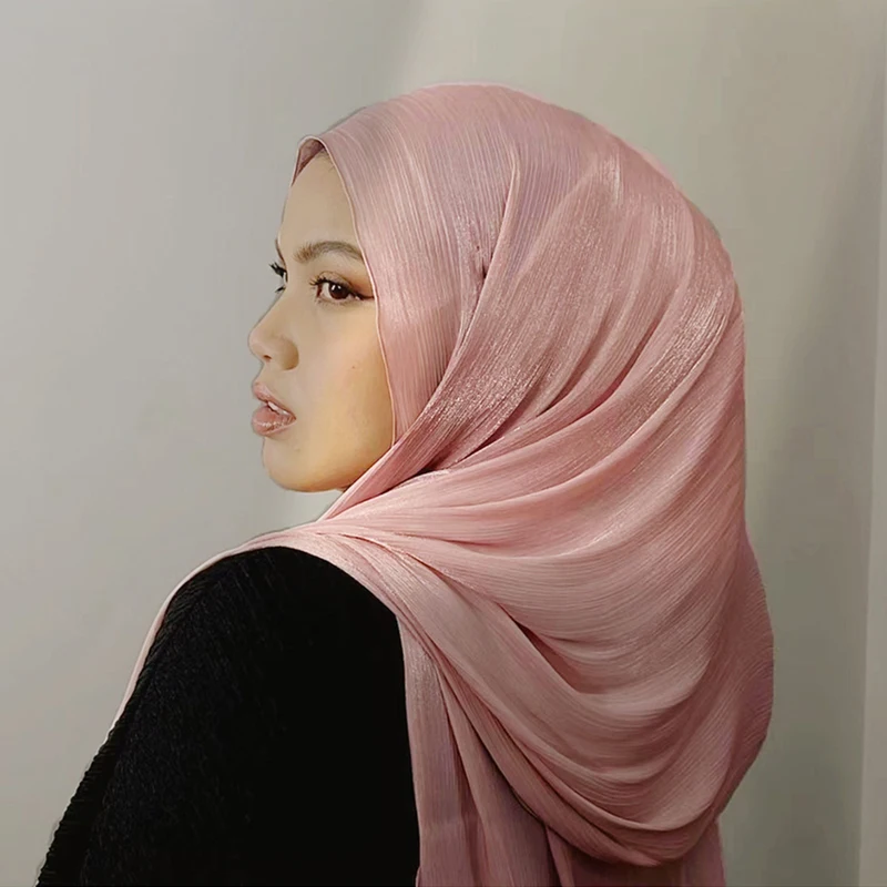 2026 New Arrival Shimmery Silk Crinkle Hijab Scarf Women Shawls Plain Muslim Hijabs Lady Breathable Islam Turban Ramadan Scarf