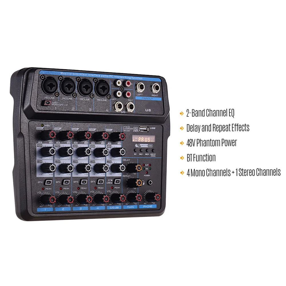 U6 Musical Mini Mixer 6 Channels Audio Mixers BT USB Mixing Console with Sound Card Built-in 48V Phantom Power EU Plug