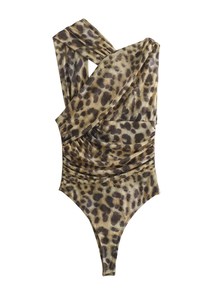 Zevity New 2024 Women Sexy Leopard Print Irregular Mesh Bodysuits Ladies Beach Wear Pleated Hole Playsuits Mujer Rompers LS6214