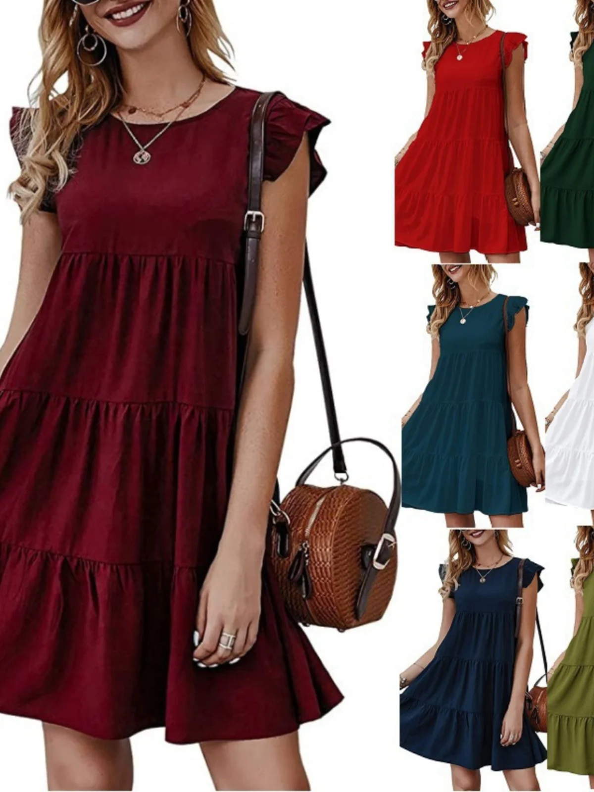 Vestido F E de Cintura Alta, Decote Redondo, Sem Mangas, Saia em Camadas, Estilo Básico, Tecido de Poliéster, V...