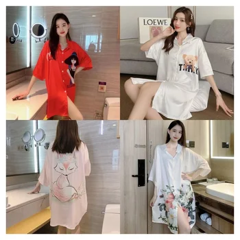 여성용 원피스 반팔 라펠 카디건 파자마, 얇고 섹시한 루즈한 만화 인쇄 셔츠 스커트, 빅 사이즈 소녀, 여름 