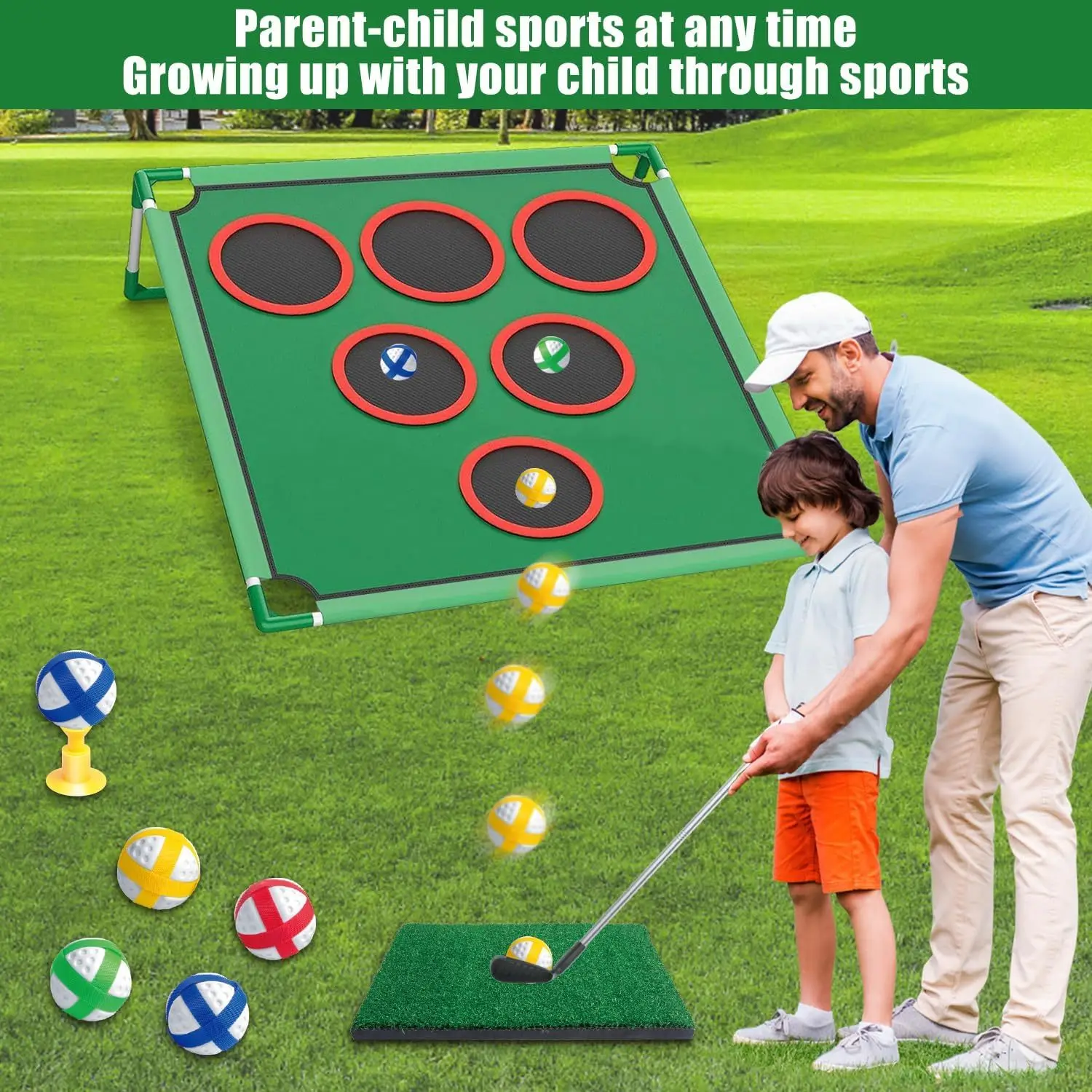 

Golf Chipping Game Set - Backyard Cornhole Game Includes Putting Mat, 20 Sticky Balls, 6 Hole Covers, Club, Carrying Bag - Gol