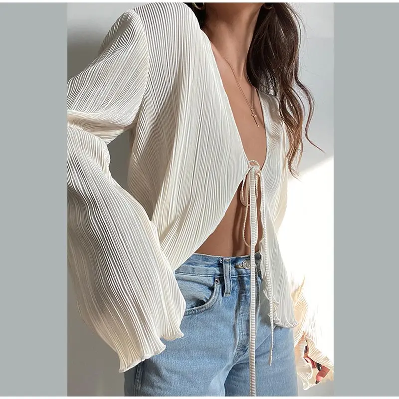 Women Elegant Tie Up Cardigan V Neck Long Flare Sleeve Pleated Shirt Summer Ladies Temperament Crop Tops Blouse Y2k Streetwear