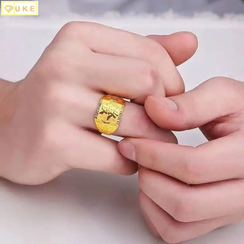 Pure Pure Copy Real 18k Yellow Gold 999 24k Men's Dominee Opening Adjustable Ring for Wealth and Fortune Never Fade Jewelry