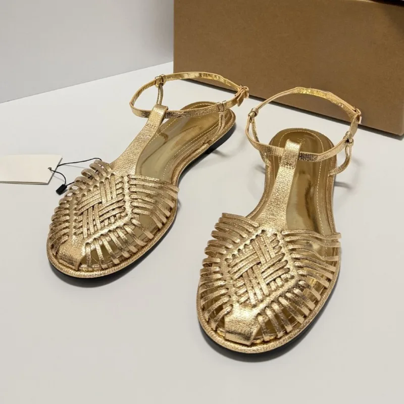 Woven T-Strap Flat Sandals for Women Retro Round Toe Ankle Buckle big size 2026 Summer Breathable Roman Style Ladies Beach Shoes