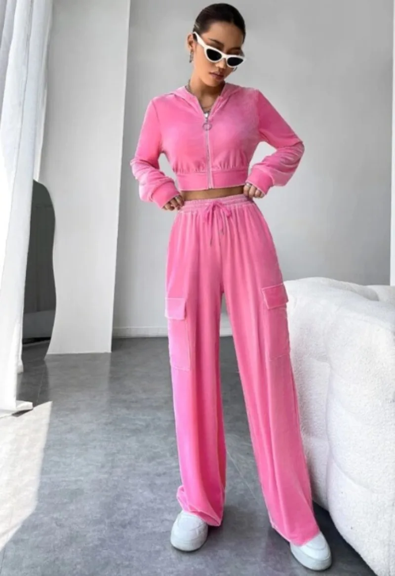 

Solid Velvet 2 Piece Set Women Long Sleeve Zipper Hooded Jacket Crop Top Drawstring Elastic High Wasit Pockets Loose Cargo Pants