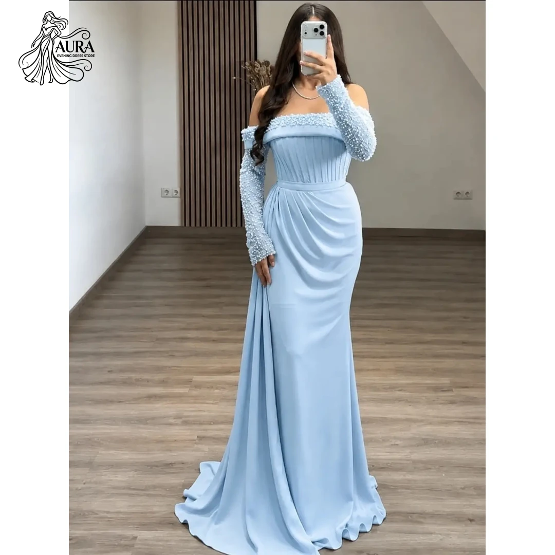 Aura Fish Tail Prom Dresses 2026 Luxury Party Dresses for Special Occasions Strapless Long Sleeves Customized Embroidered Pearls