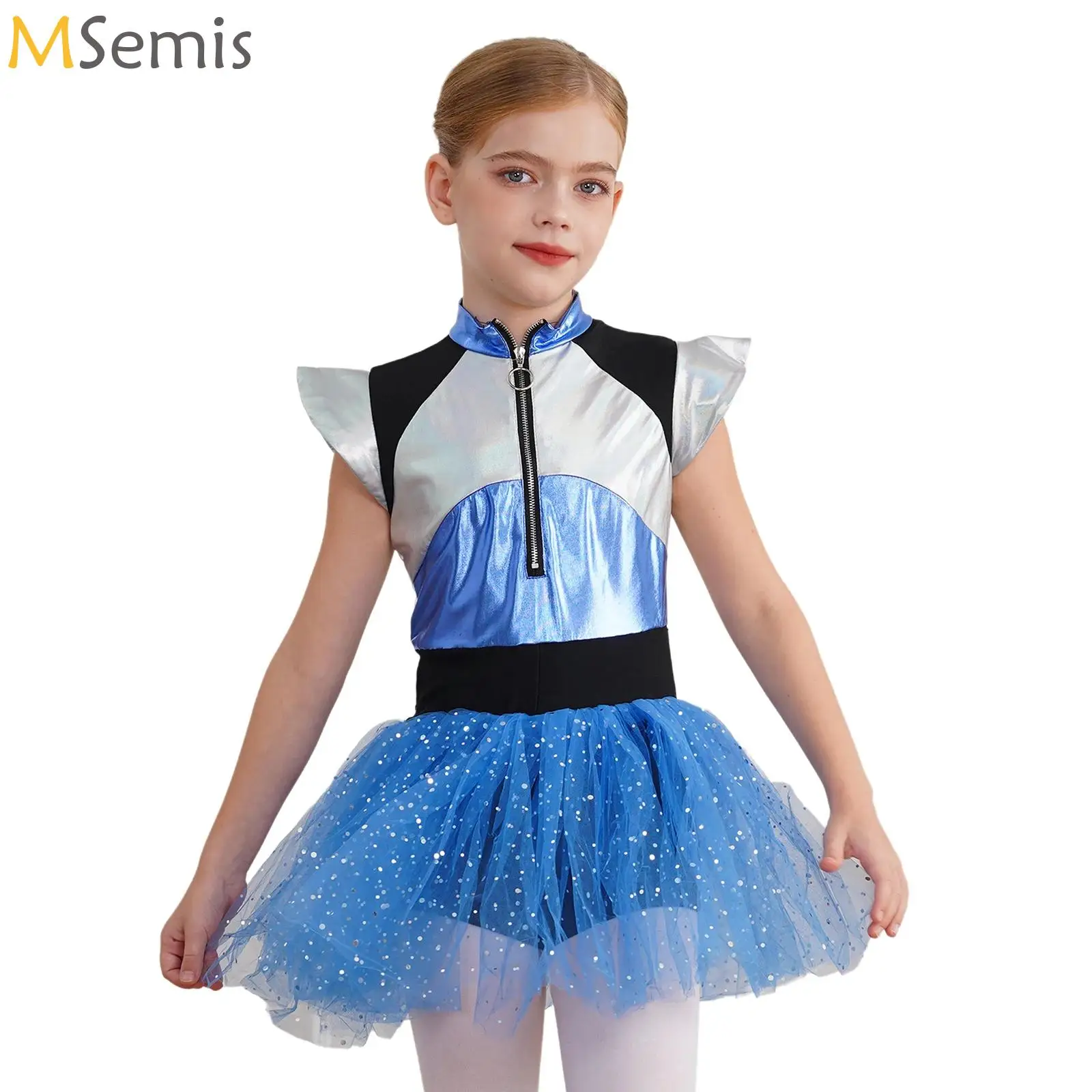 

Kids Girls Blue Astronaut Outerspace Costume Teenage Alien Suit Space Dress Future World Party Halloween Cosplay Theme Dress Up