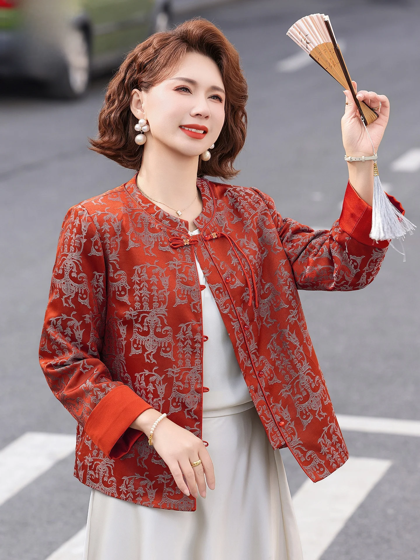 

Romon Spring Outfit Thin Wedding Dress for Middle-Aged And Elderly Women Red Marriage Ceremony Clothes Standard Fit Button De...