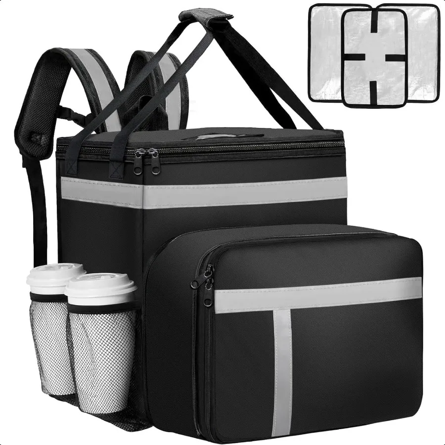 Mochila para entrega de alimentos, bolsa isolada expansível para entrega de alimentos, bicicleta com faixa reflexiva, grande bolsa para entrega de pizza