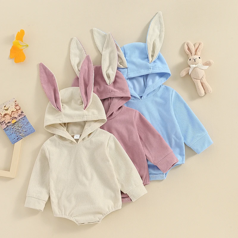 

Baby Girls and Boys Corduroy Romper Cute 3D Rabbit Ear Long Sleeve Hooded Jumpsuit Infant Toddler Easter Clothes