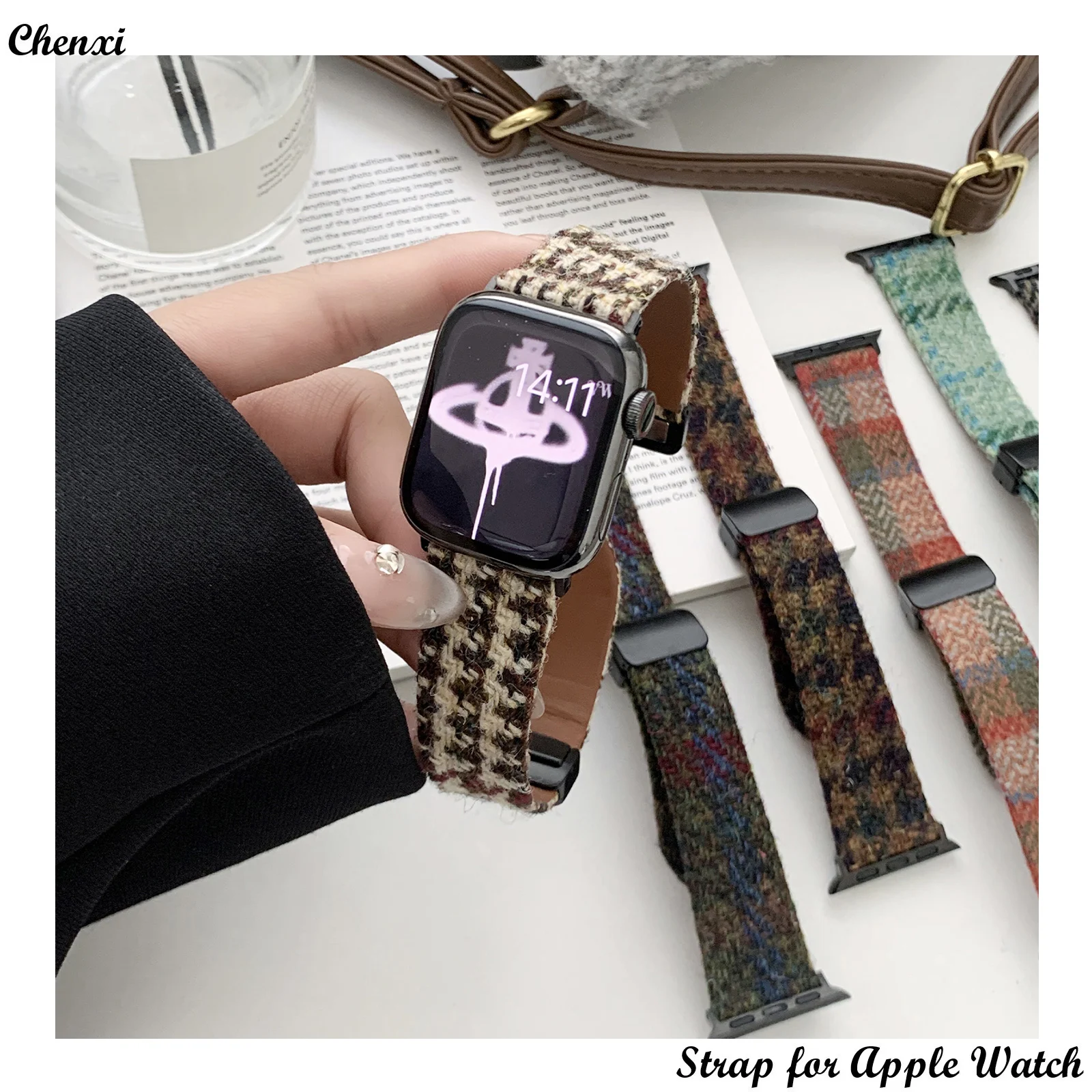 

Ремешок шерстяной для Apple watch band, кожаный браслет-цепочка для Iwatch9 8 SE40 41 42 44 45 49 мм, женский браслет с магнитной застежкой