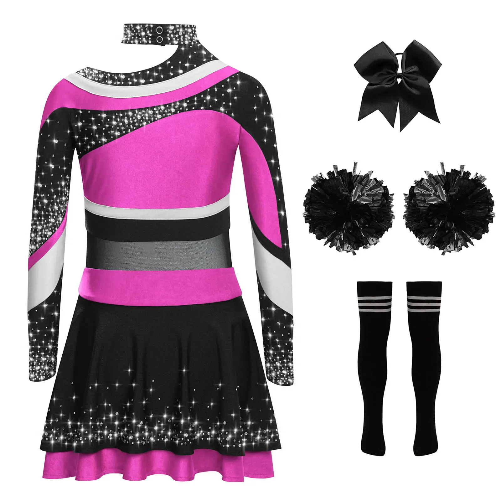 Teen Girls Cheerleader Dress with Pompoms Socks Carnival Cheerleading Dance Costume Outfit Rhinestones Top and Skirt 4Pcs Set