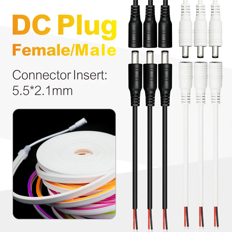 DC 5.5x2.1mm Male & Female Cable White 12V 5.5*2.1mm DC Power Plug Jack Pigtail Cable Wire Connector Adapter for LED Strip Light