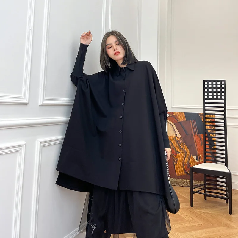 

SuperAen Korean Style Design Black Asymmetrical Shirt Women's Spring and Autumn New Loose Fashion Casual Drape Coat