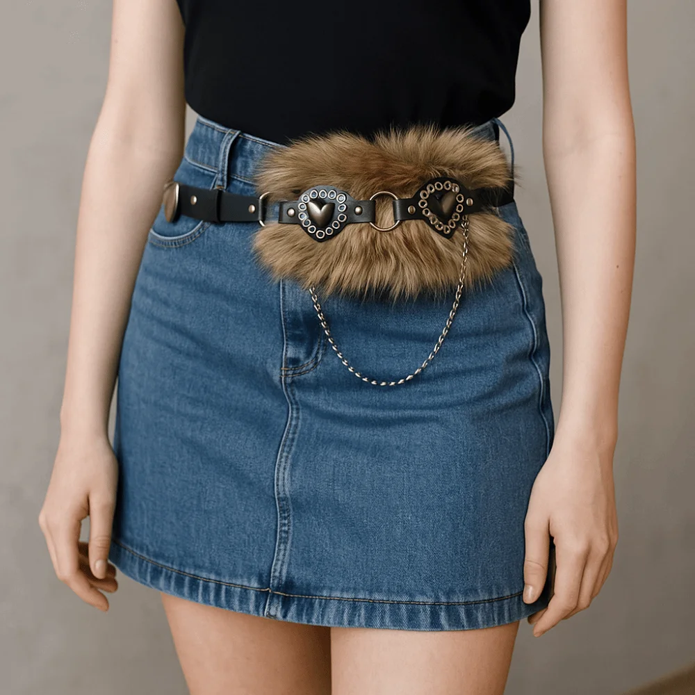 

Простой лоскутный кожаный меховой ремень в форме сердца из искусственной кожи, меховой пояс из искусственного меха, универсальный плюшевый пояс в стиле панк, украшение для платья