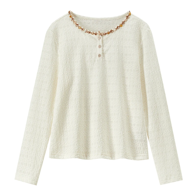 SENTUBILA Boho Lace Shirt Women 2026 Spring Beaded Webbing Long Sleeve Knitted Tops Elegant Round Neck Knitwear Ladies 161SA5744