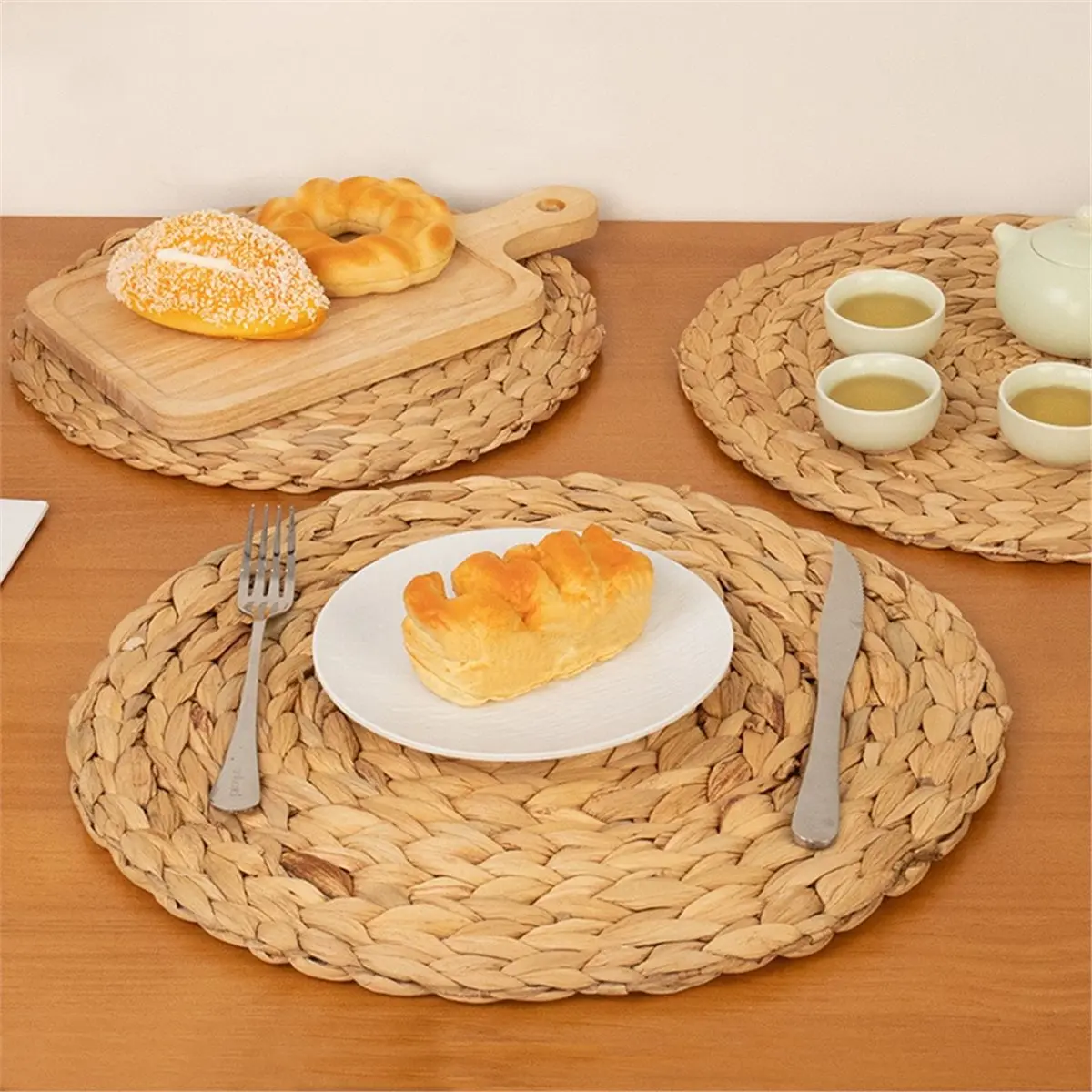 3 Pack Natural Braided Round Placemats, Heat Handmade Straw Weave No-Slip Mats