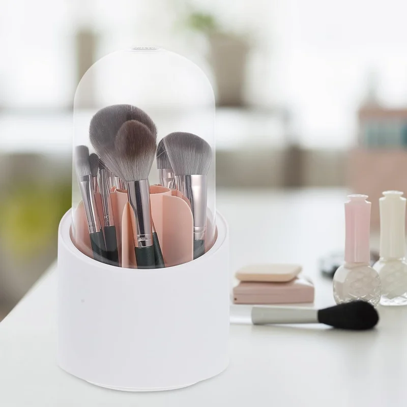 

Настольный вращающийся ящик для хранения косметики большой емкости на 360°, подставка для пыли для кистей, практичный дизайн для сушки на воздухе, организация принадлежностей