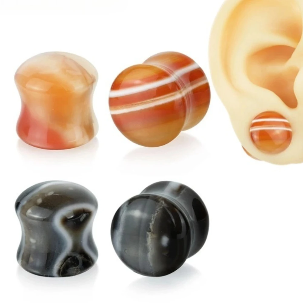 1 Pair High Quality Black Red Striped Agate Double Horn Solid Natural Stone Ear Extender   Jewelry  for Men and Women  2g-5/8