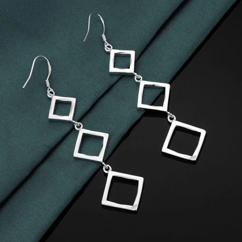 

Fashion 925 Sterling Silver Square rhombus long earrings for women luxury designer jewelry party wedding accessories gifts