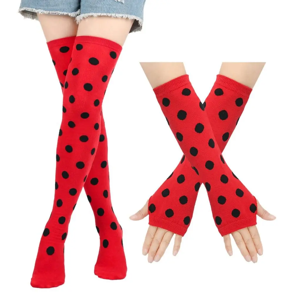 

Polka Dot Thigh High Stockings Arm Leg Warmers 80s 90s Red Black Dot Gloves Ladybug Kids Knee High Socks for Women Children's