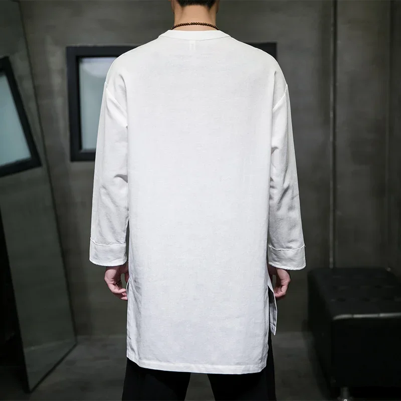 2023 Cotton Linen Men Tshirts Solid Color Spring Autumn Men Casual Breathable Loose Tops Long Style Panbuckle Robe Male T-Shirt