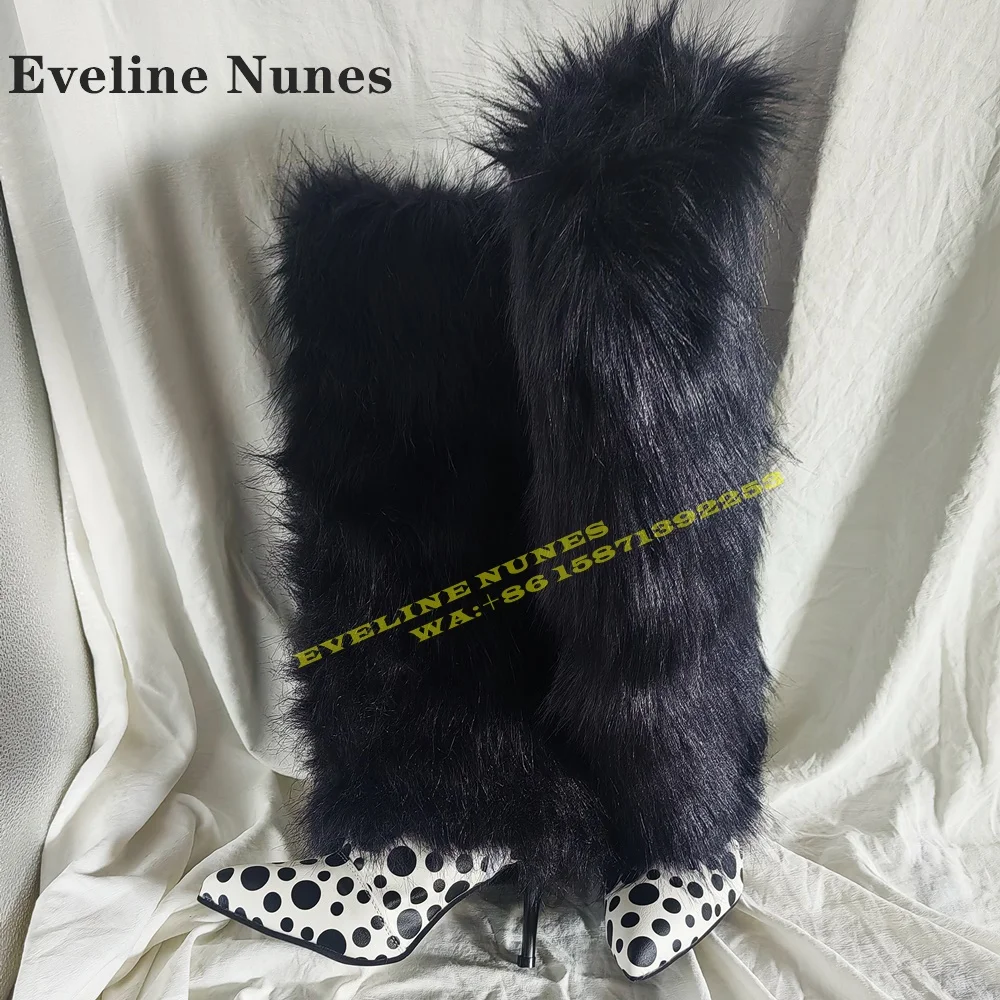 

Fur Black Polka Dots Sexy Snow Boots Pointed Toe Thin Heels Pull On Large Size Patchwork Knee-High Boots Y2K Warm Street Style