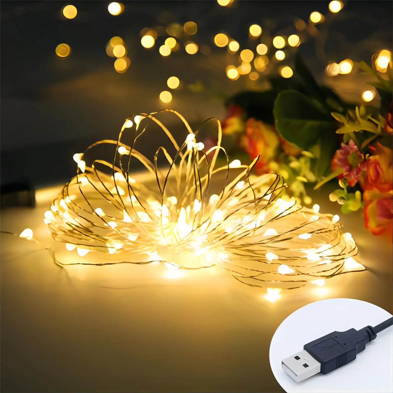 Warm White 5M 50LED Copper Wire String Light Use For Decoration