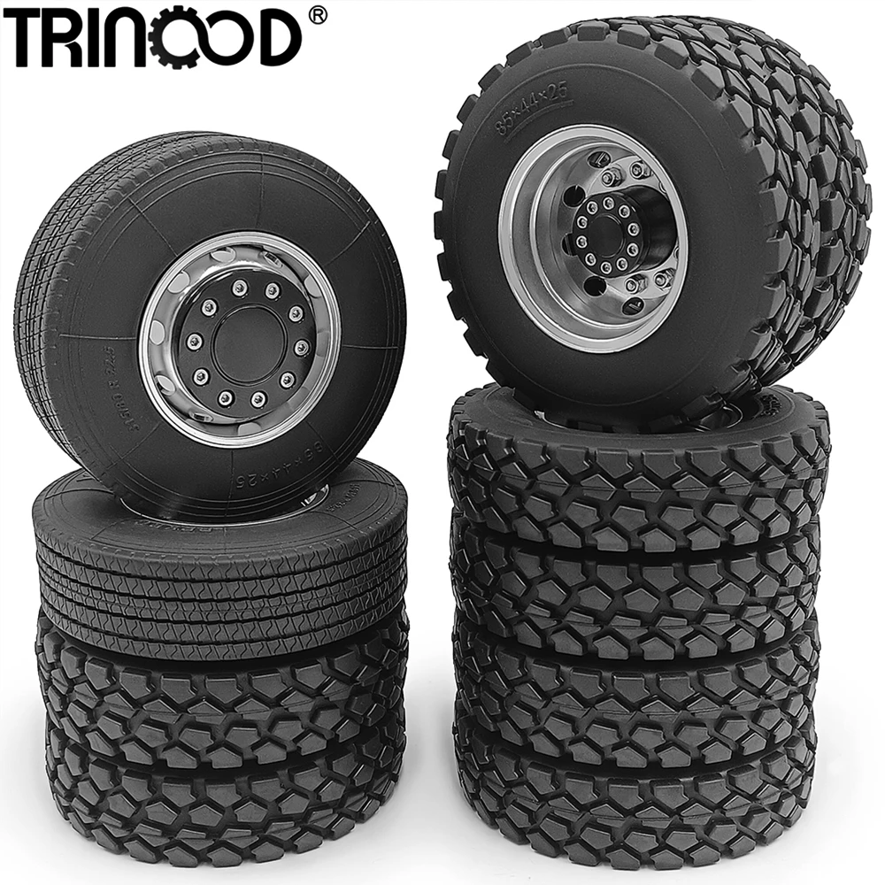 TRINOOD Tamiya 6x6 Wheels Rims Tires Set for 1/14 Scale RC Tractor Truck Trailer Cargo Truck Engineering Long Vehicle Parts