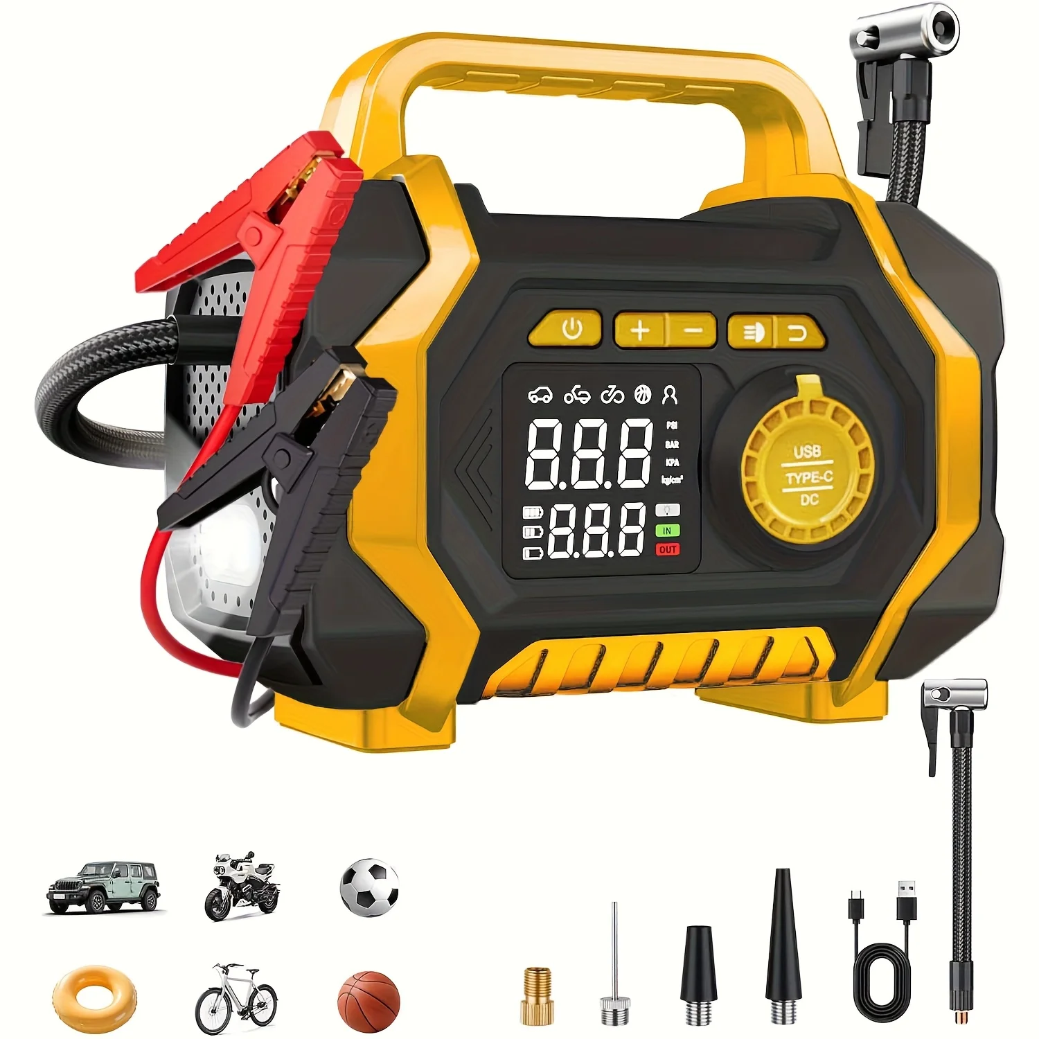 

7000 A Jump Starter with Air Compressor & 7000A Jump Starter, Portable Car Battery Jump Starter (2.38gal Gas/2.25gal Diesel), 12V Battery Charger Booster, 150PSI Auto-Shutoff Tire Inflator, Portable Jumper Cables, LED Light, High-Capacity Power Bank