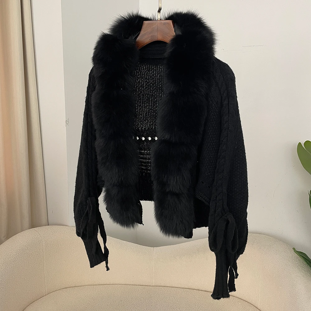 2024 Winter Neue Mode Stricken Strickjacke Knopfleiste Mantel Frauen Casual Echt Fox Pelzmantel Kurze Warme Gestrickte Jacke mit Natürlichen Pelz
