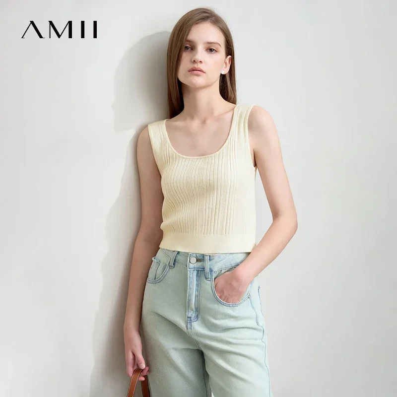 

Amii Minimalist Woolen Suspender Vest 2025 Summer New Solid Large U-neck Short Slim Versatile Commuter Crop Top Women 12521004