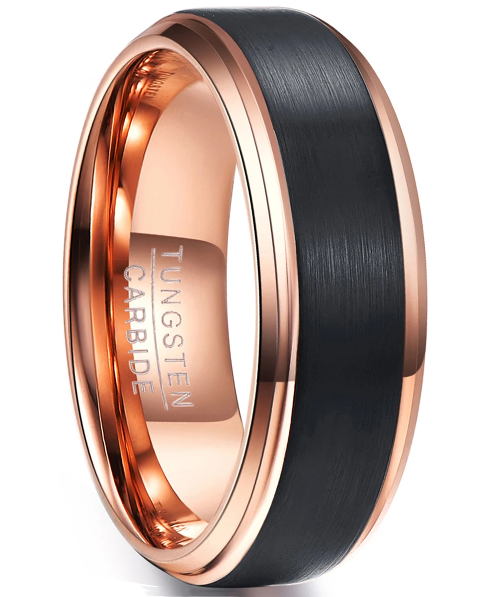 JQUEEN 4mm 6mm 8mm Rose Gold Tungsten Carbide Rings for Men Black Brushed Wedding Band Step Beveled Edge Comfort Fit Size 5-12