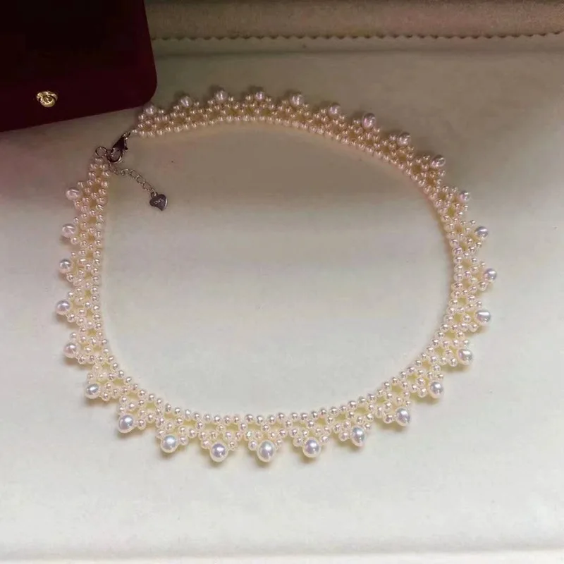 Natural Freshwater Pearl Necklace, Handmade Lace Braided Choker, 925 Silver Clasp Romantic Jewelry Gift