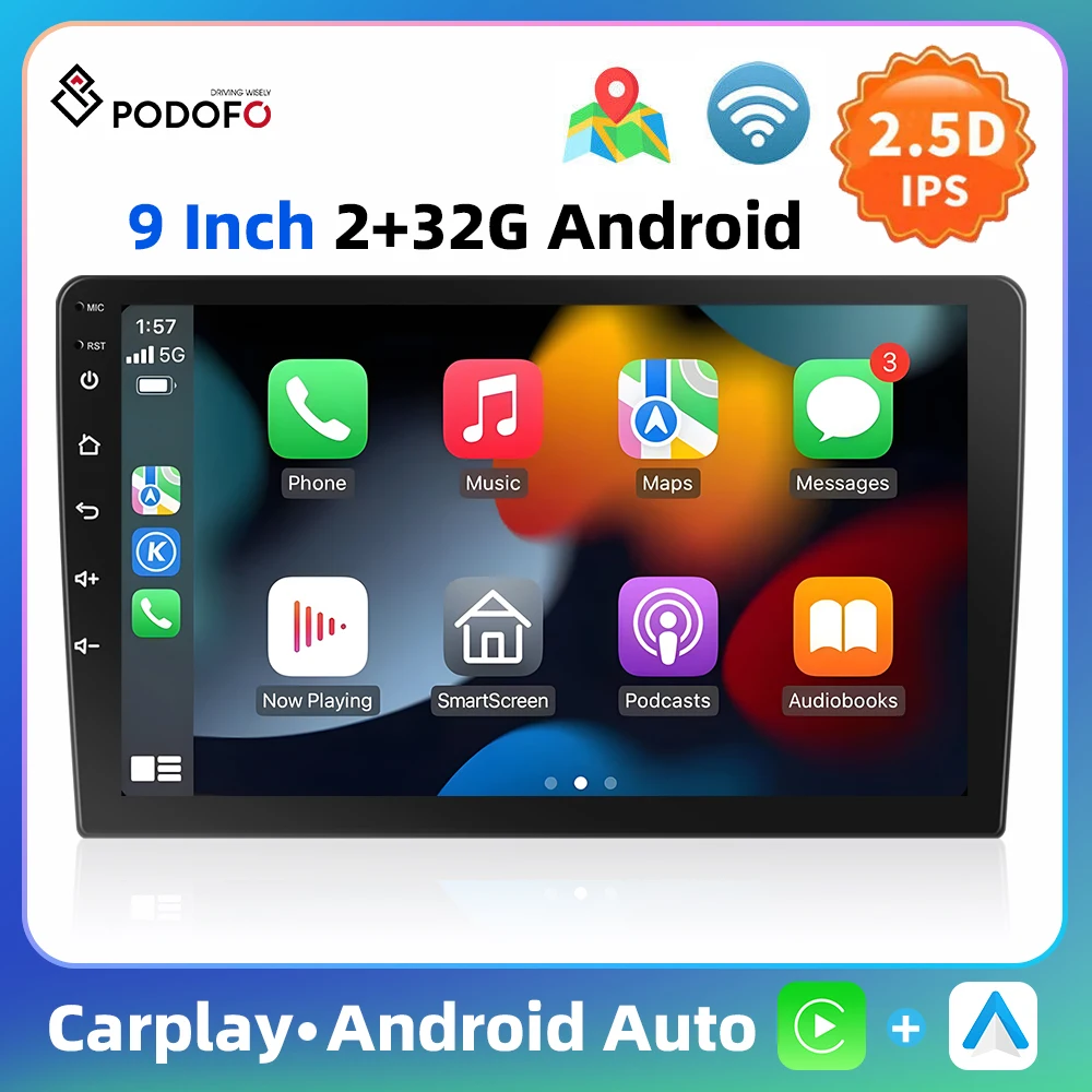 Podofo 9Inch Universal Car Radio Carplay Android Auto Multimedia Player HiFi WIFI GPS Navigation Bluetooth 2+32G 4Core Car Audio