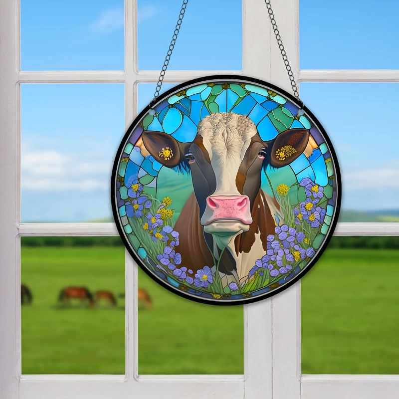 1pc Cow Stained Suncatcher Window Hanging Farmhouse Decoration for Mom Grandma Teacher Friend Wreath Sign Home House Decor