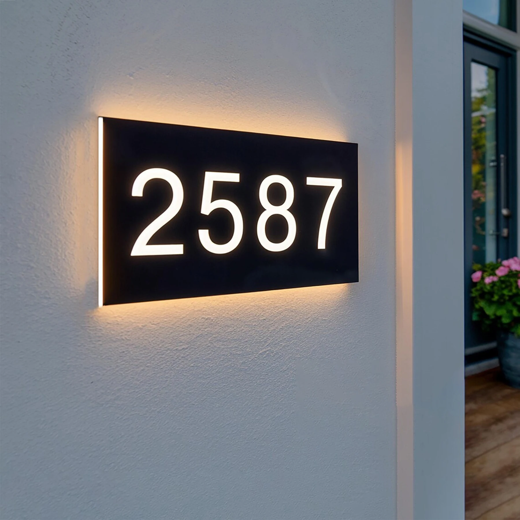 Moderno iluminado retroiluminado números de casa sinal personalizado led placa de endereço iluminado com acabamento de metal retroiluminado apartamentos escritórios sinal