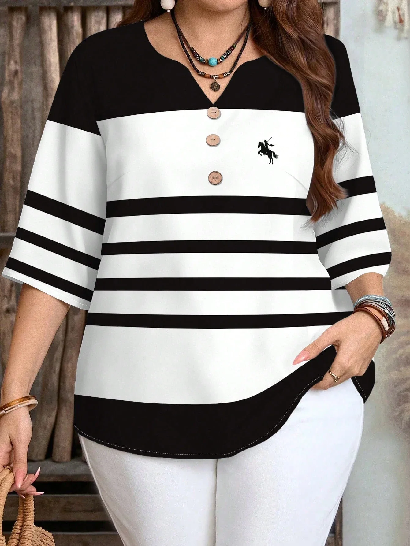 

Plus Size Women's Black And White Striped Button Front Casual Shirt