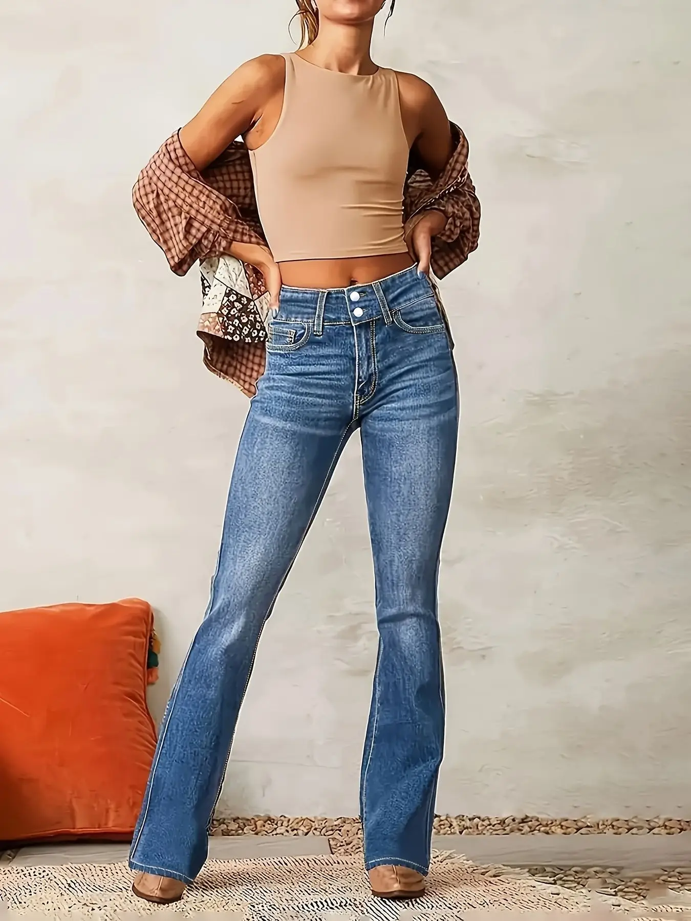 Y2K Blue Stretch Jeans for Women High Waist Flared Minimalist Vintage Retro Comfortable Daily Wear Fashion Trendy