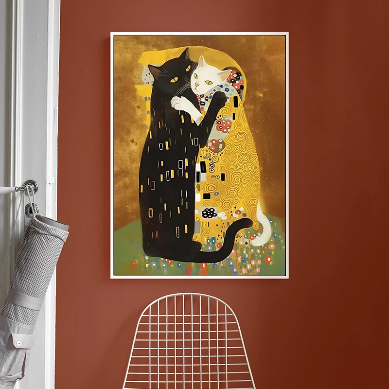 Cat Kitty Klimt Kiss Canvas Poster Vintage Creative Parody Style Print Wall Art Pictures Painting Living Room Home Decoration