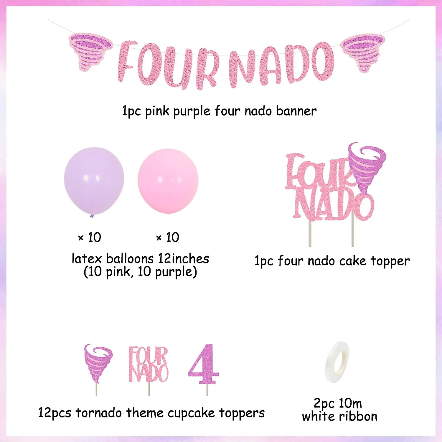 Sursurprise Tornado 4th Birthday Party Decorations Supplies for Girls, 4 Nado Banner, Cake Toppers, Pink and Purple Balloon Set