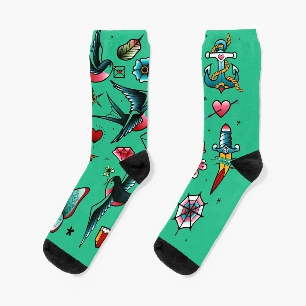 

Old school tattoo stickers of swallows, diamonds, heart, rose, anchor Socks hip hop Children's Boy Child Socks Women's